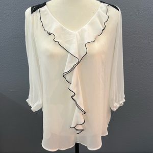 IZ Byer Sheet Black &White Ruffle Lace Blouse Sz Lg